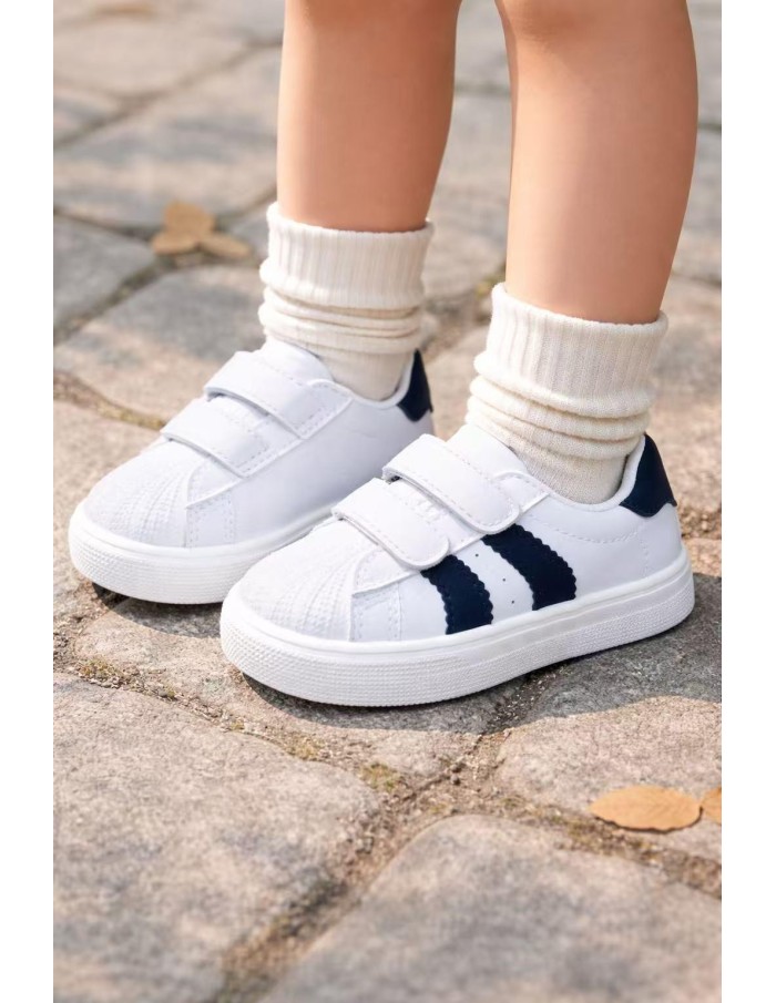 Sneakers Blanches Bandes Noires Enfant | Zerda