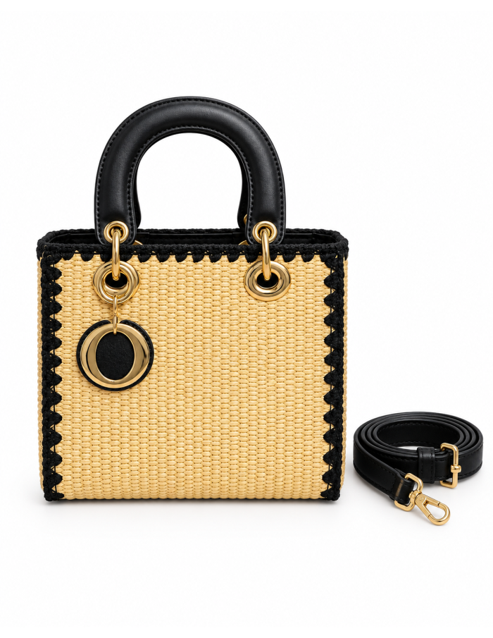 Sac Panier Noir Tressé Anneaux Dorés | Zerda