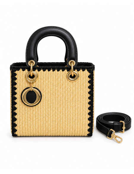 Sac Panier Noir Tressé Anneaux Dorés | Zerda