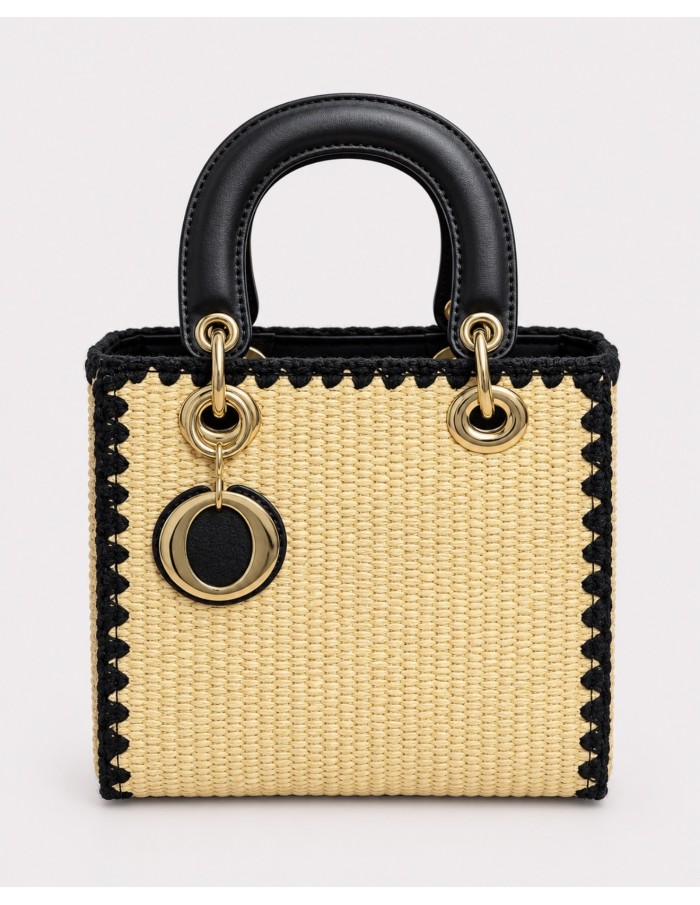 Sac Panier Noir Tressé Anneaux Dorés | Zerda