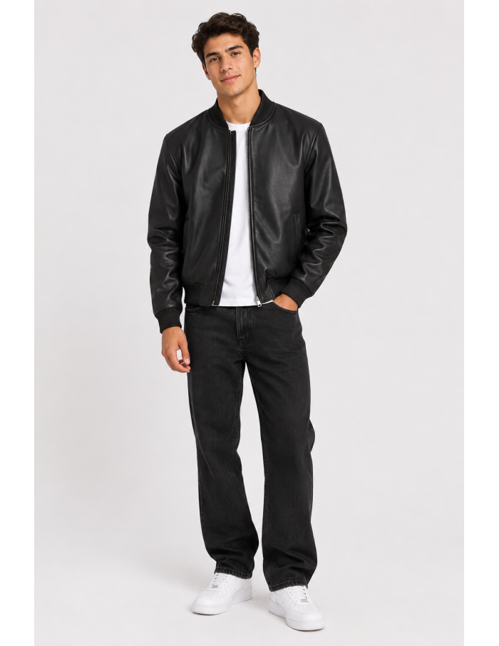 Veste Similicuir Noire Homme Col Côtelé | Zerda