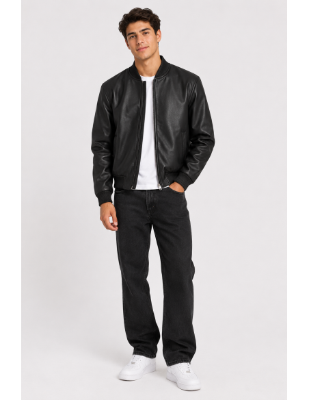 Veste Similicuir Noire Homme Col Côtelé | Zerda