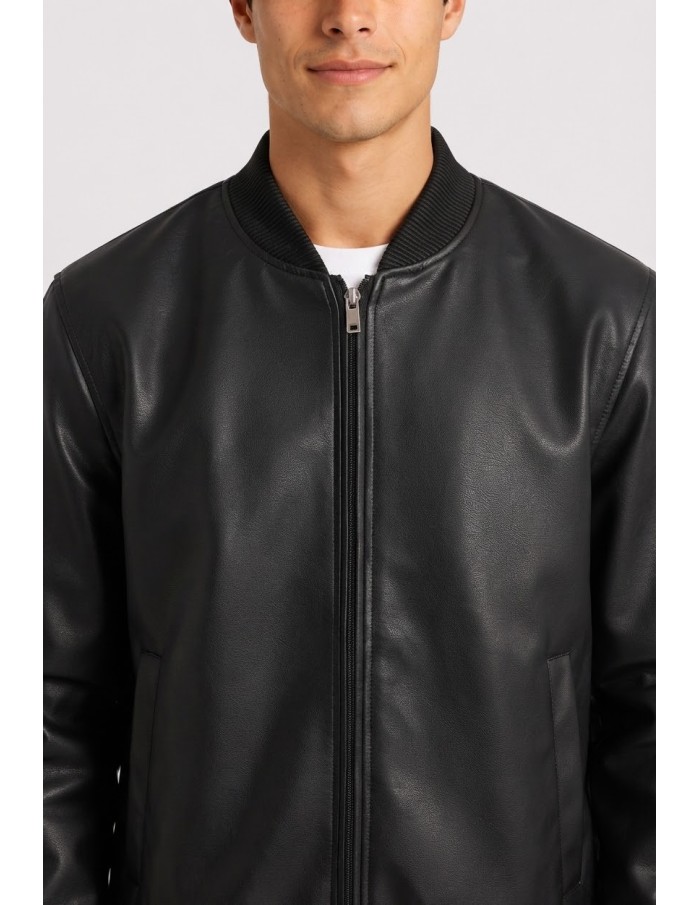 Veste Similicuir Noire Homme Col Côtelé | Zerda