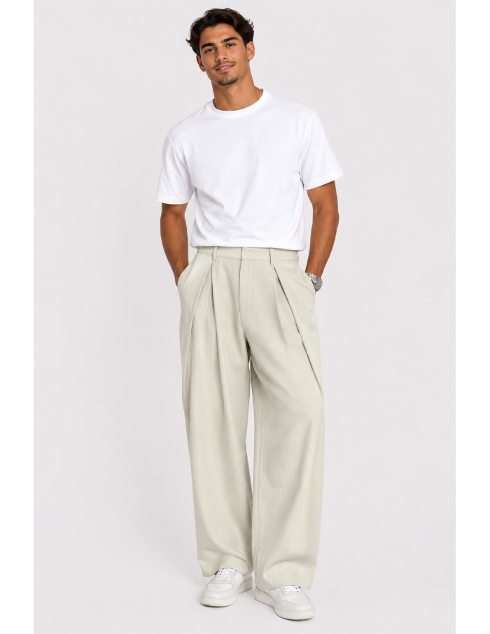Pantalon Large Plissé Beige Homme | Zerda