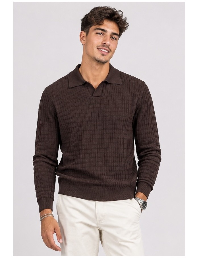 Polo Maille Marron Homme Col Ouvert | Zerda