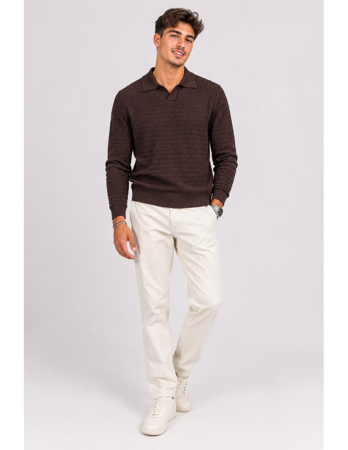 Polo Maille Marron Homme Col Ouvert | Zerda
