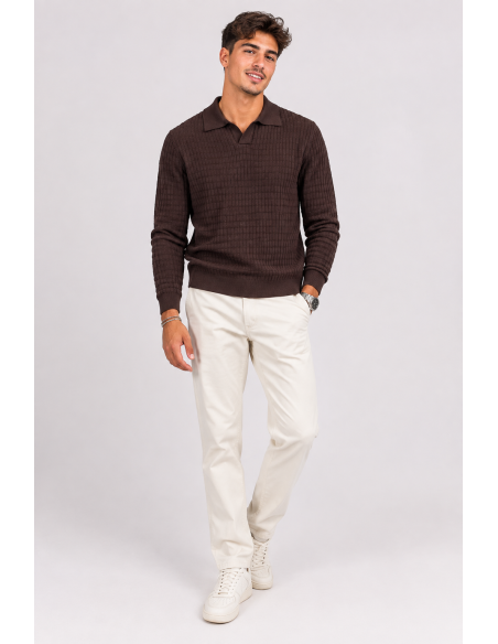 Polo Maille Marron Homme Col Ouvert | Zerda