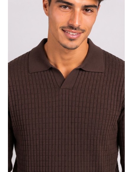 Polo Maille Marron Homme Col Ouvert | Zerda