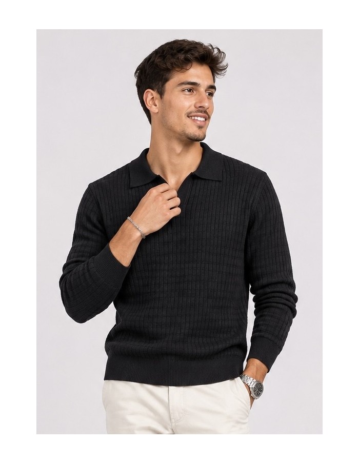 Polo Maille Noir Homme Col Ouvert | Zerda