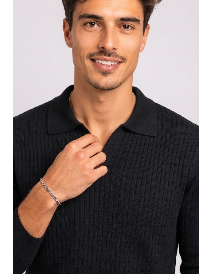 Polo Maille Noir Homme Col Ouvert | Zerda