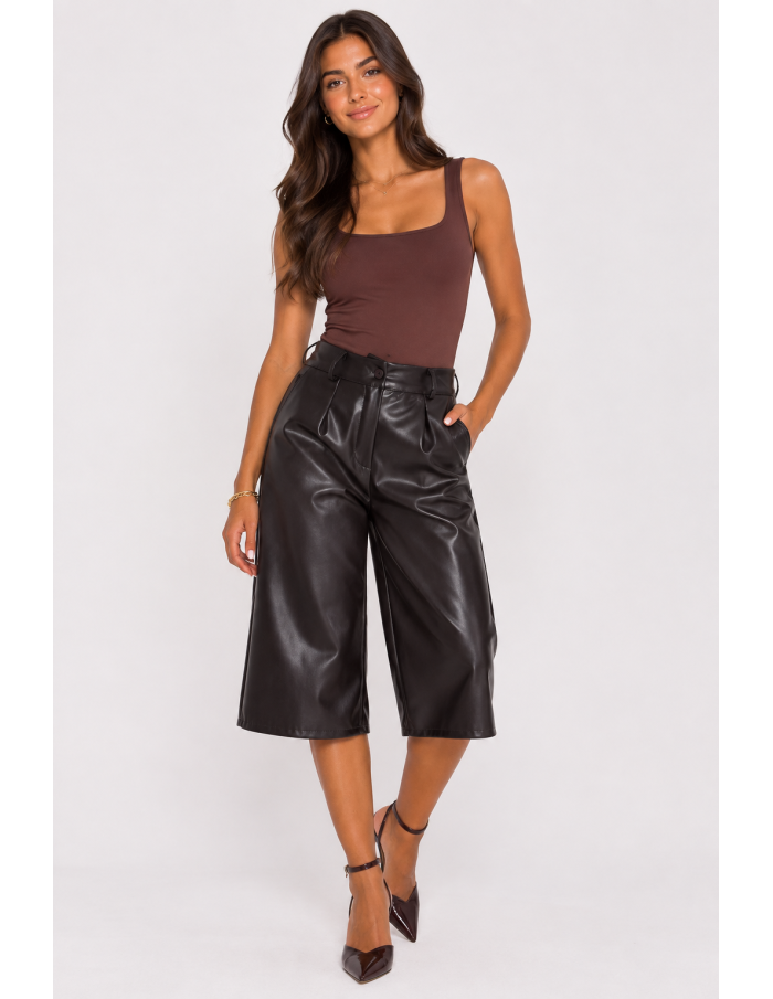Bermuda Similicuir Marron Femme Taille Haute | Zerda