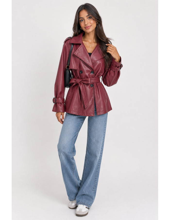 Trench Similicuir Bordeaux Femme Ceinturé | Zerda