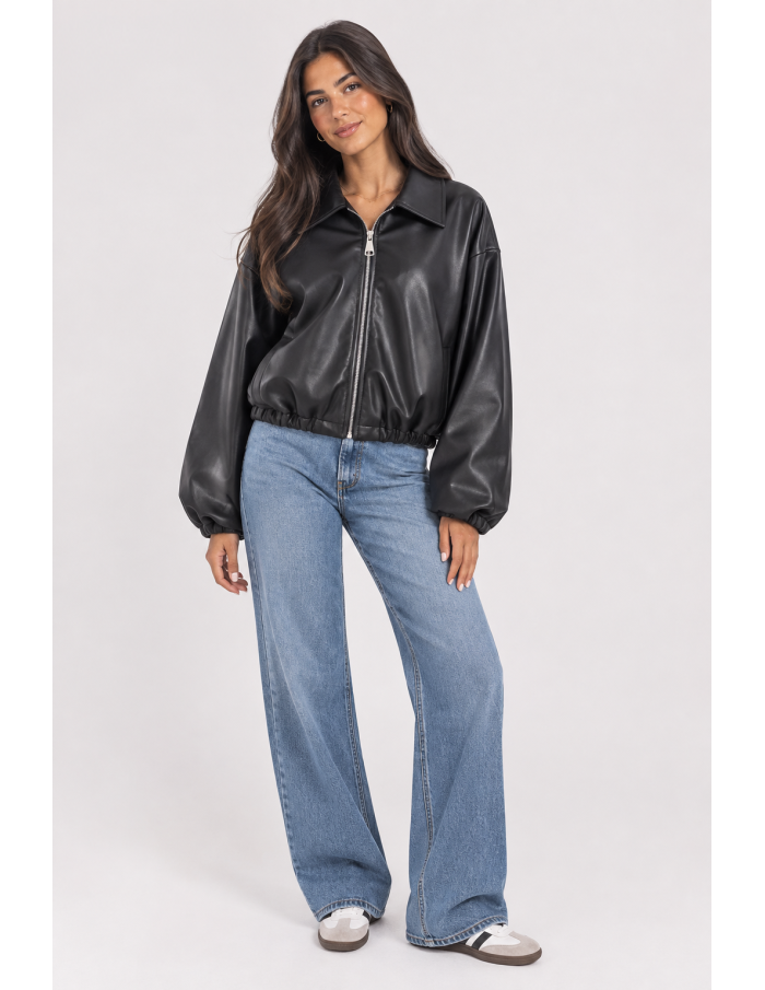 Veste Bomber Similicuir Noire Femme | Zerda