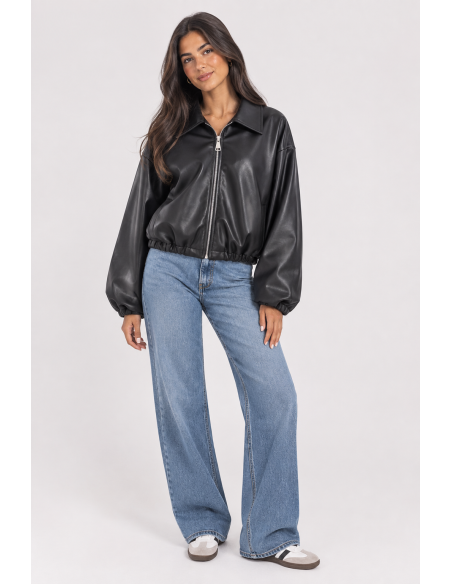 Veste Bomber Similicuir Noire Femme | Zerda