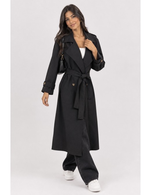 Trench Long Noir Femme Ceinturé | Zerda