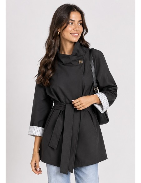 Veste Trench Noire Femme Manches Retroussées | Zerda