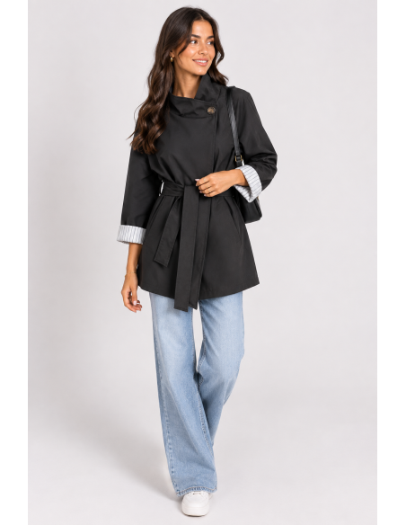 Veste Trench Noire Femme Manches Retroussées | Zerda