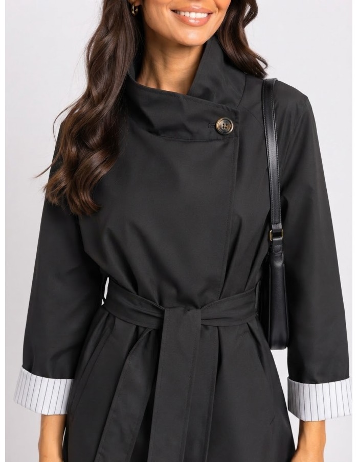 Veste Trench Noire Femme Manches Retroussées | Zerda