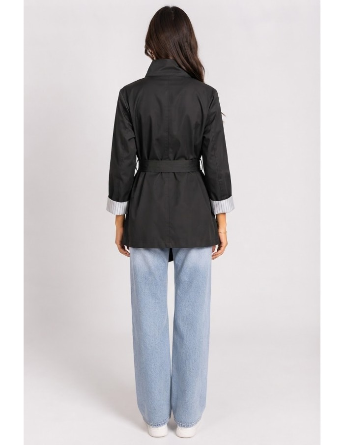 Veste Trench Noire Femme Manches Retroussées | Zerda