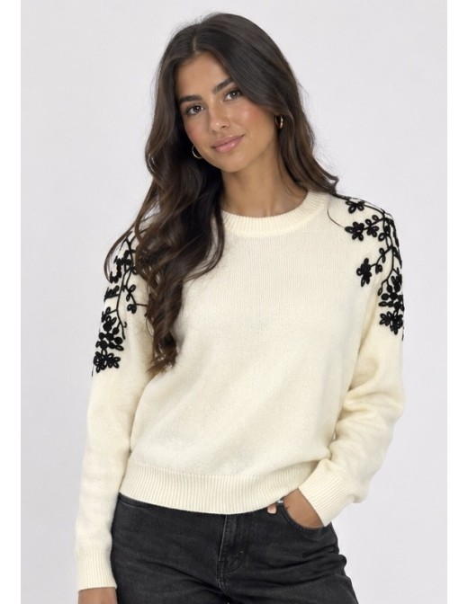 Pull Écru Brodé Fleurs Noires Femme | Zerda