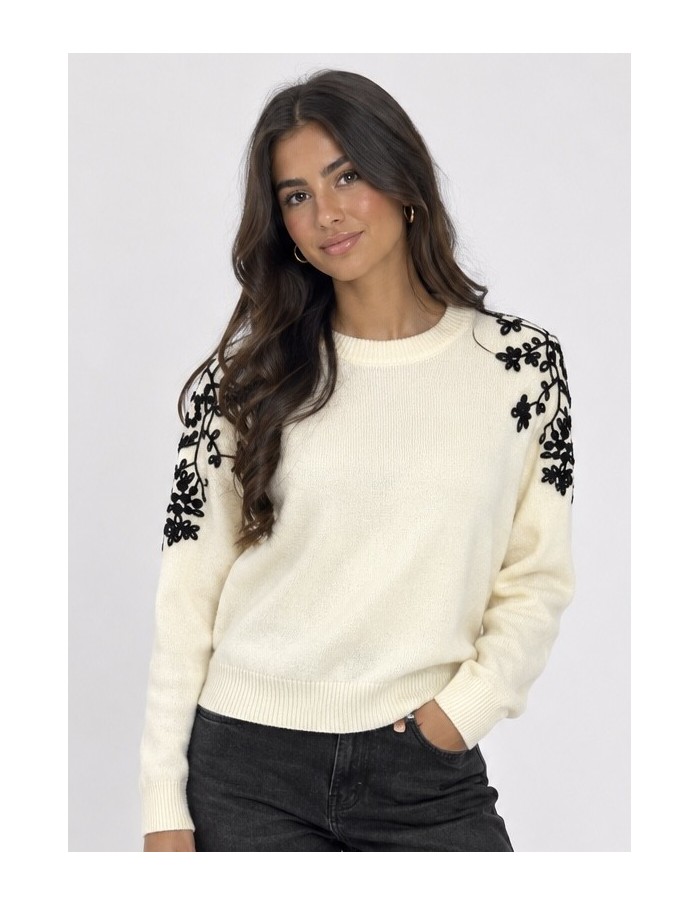Pull Écru Brodé Fleurs Noires Femme | Zerda