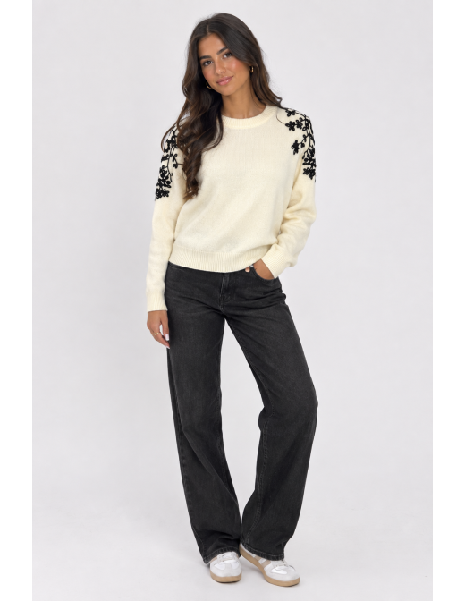 Pull Écru Brodé Fleurs Noires Femme | Zerda 2