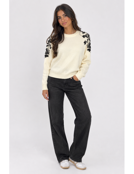 Pull Écru Brodé Fleurs Noires Femme | Zerda