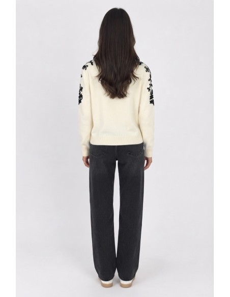 Pull Écru Brodé Fleurs Noires Femme | Zerda