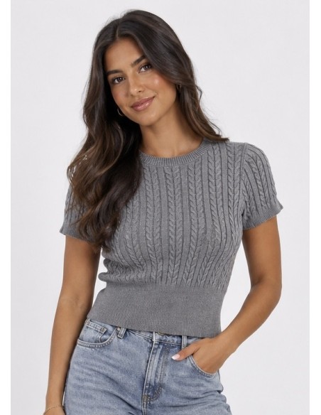 Pull Manches Courtes Gris Chiné Femme | Zerda
