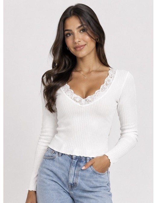 T-Shirt Côtelé Dentelle Blanc Femme | Zerda