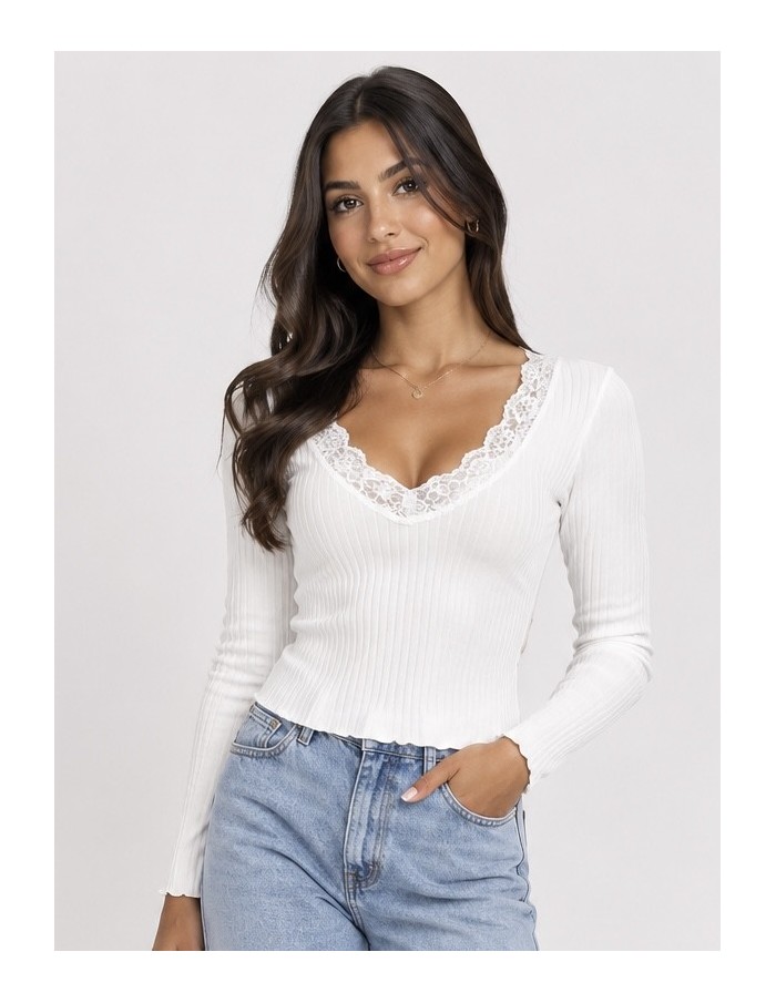 T-Shirt Côtelé Dentelle Blanc Femme | Zerda