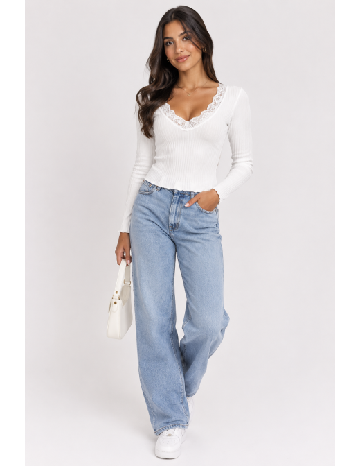 T-Shirt Côtelé Dentelle Blanc Femme | Zerda 2