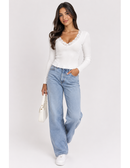 T-Shirt Côtelé Dentelle Blanc Femme | Zerda