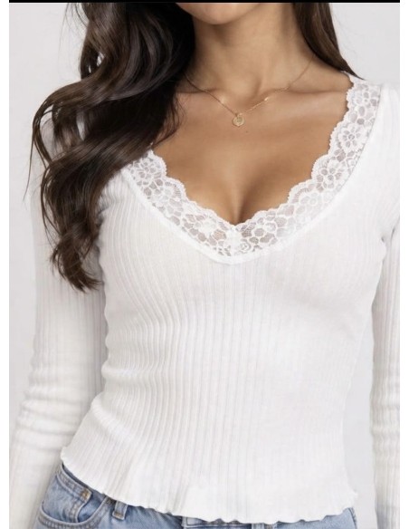 T-Shirt Côtelé Dentelle Blanc Femme | Zerda