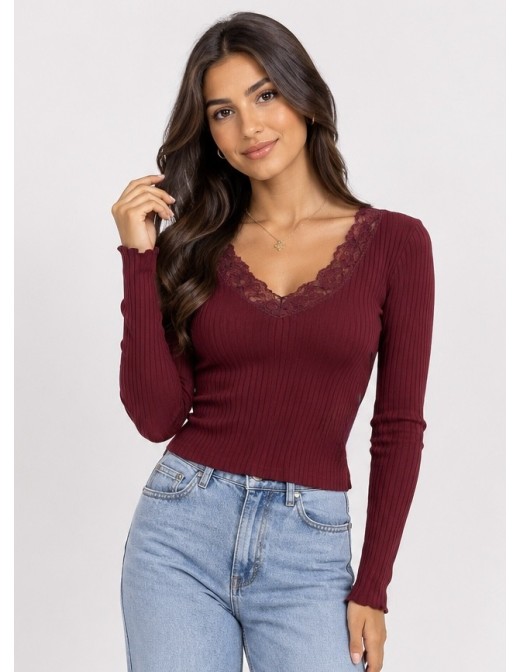T-Shirt Côtelé Dentelle Bordeaux Femme | Zerda