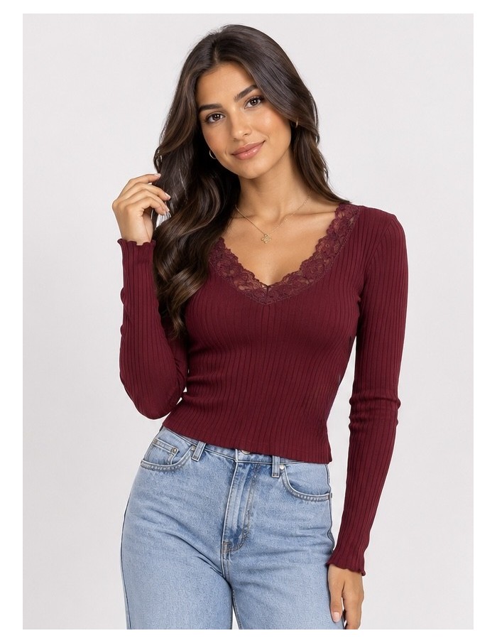 T-Shirt Côtelé Dentelle Bordeaux Femme | Zerda