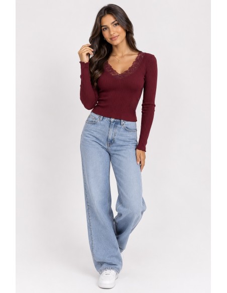 T-Shirt Côtelé Dentelle Bordeaux Femme | Zerda
