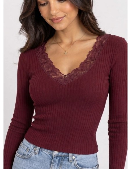 T-Shirt Côtelé Dentelle Bordeaux Femme | Zerda