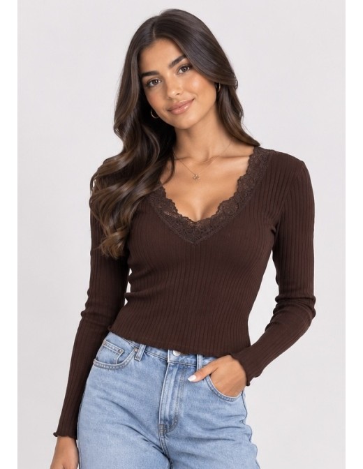 T-Shirt Côtelé Dentelle Marron Femme | Zerda
