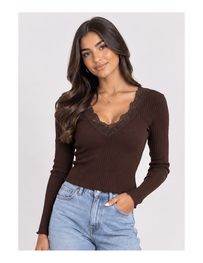 T-Shirt Côtelé Dentelle Marron Femme | Zerda