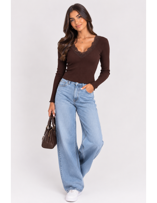 T-Shirt Côtelé Dentelle Marron Femme | Zerda 2