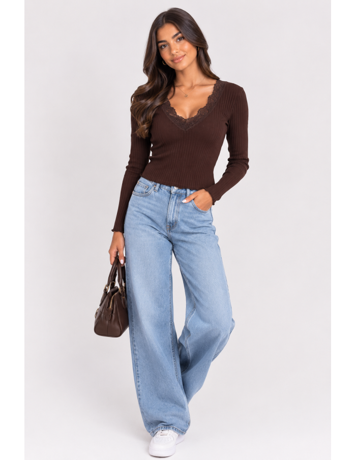 T-Shirt Côtelé Dentelle Marron Femme | Zerda
