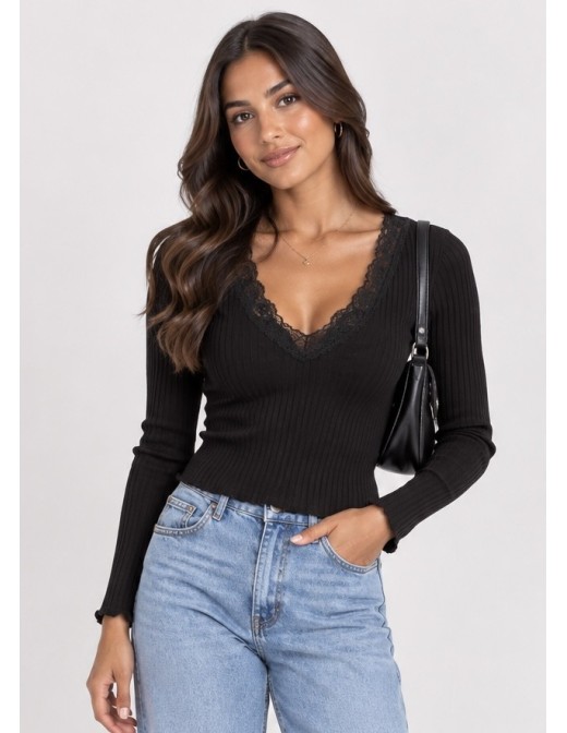 T-Shirt Côtelé Dentelle Noir Femme | Zerda