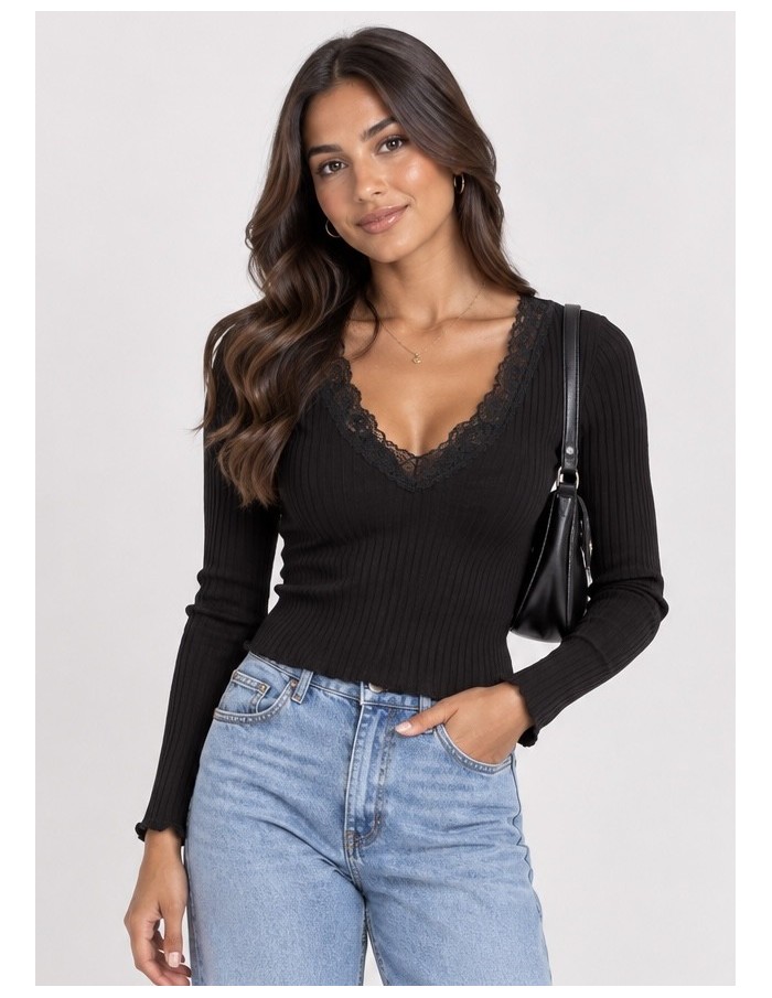 T-Shirt Côtelé Dentelle Noir Femme | Zerda