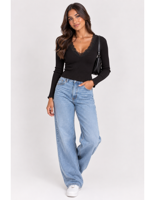 T-Shirt Côtelé Dentelle Noir Femme | Zerda 2