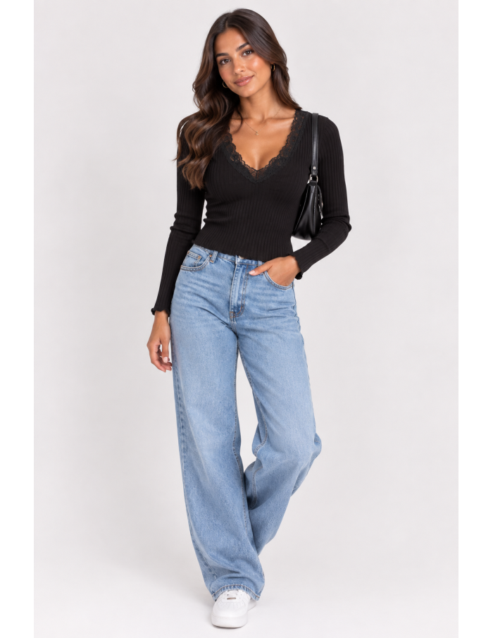 T-Shirt Côtelé Dentelle Noir Femme | Zerda