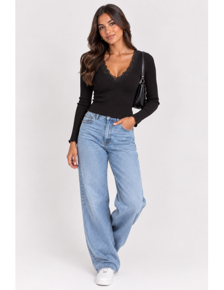 T-Shirt Côtelé Dentelle Noir Femme | Zerda