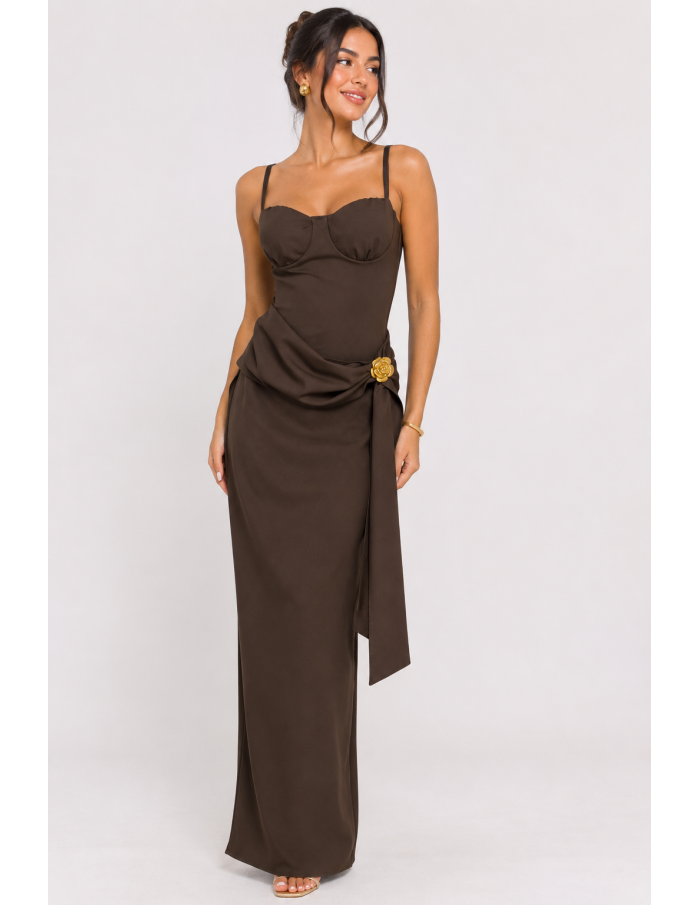 Robe Longue Drapée Marron Femme | Zerda