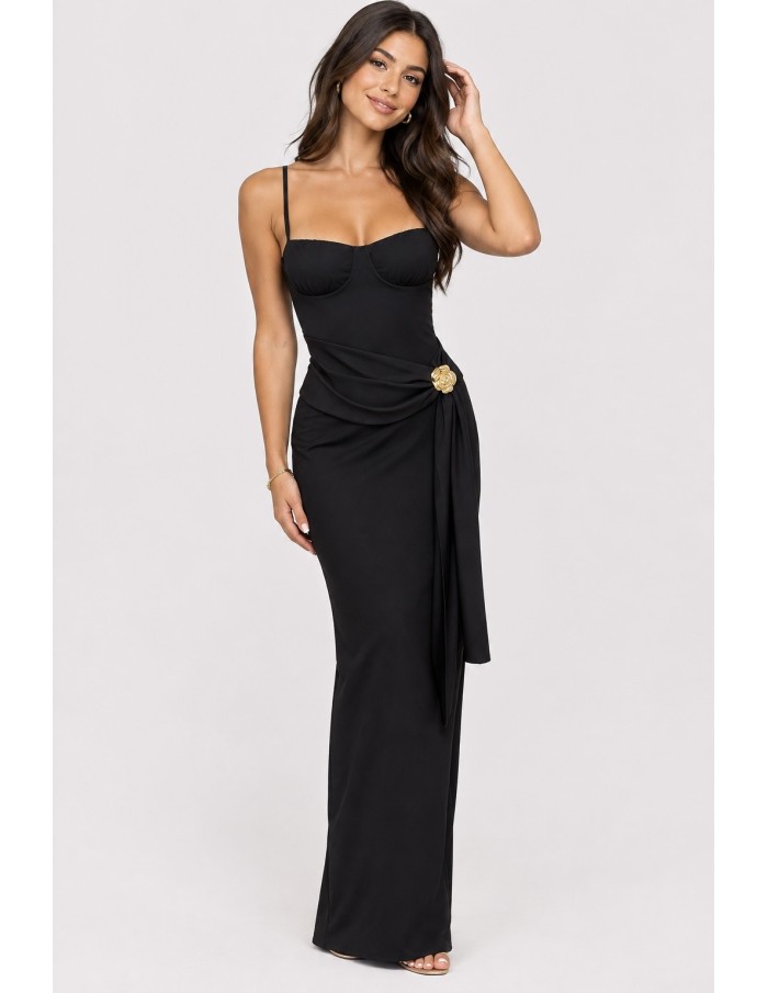 Robe Longue Drapée Noire Femme | Zerda