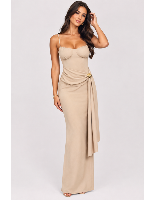 Robe Longue Drapée Beige Femme | Zerda